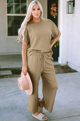 Double Take Full Size Texture Short Sleeve Top and Pants Set OutfitFlow